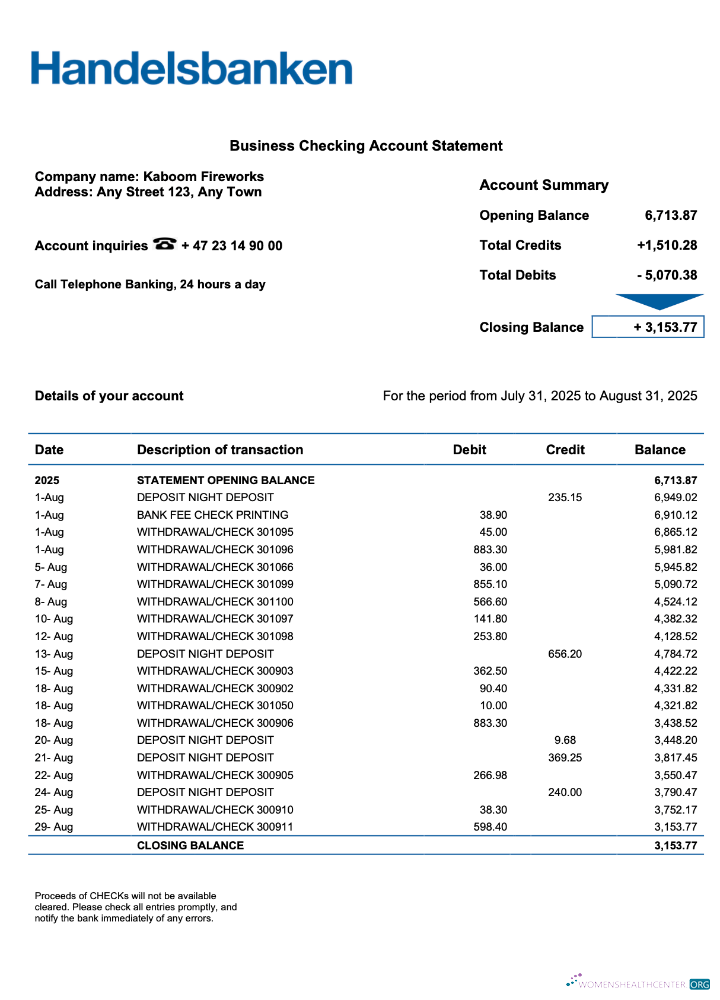 Download Norwegian Handelsbank enterprise statement Word and PDF template Photoshop template